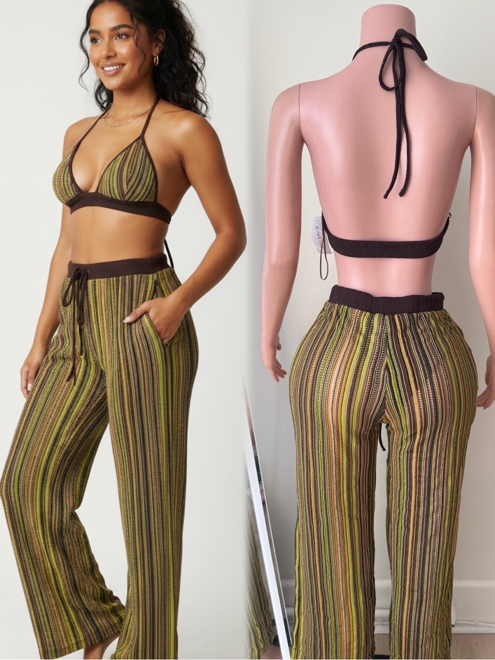 Knitted Stripe Wide-Leg Pants in Olive Green